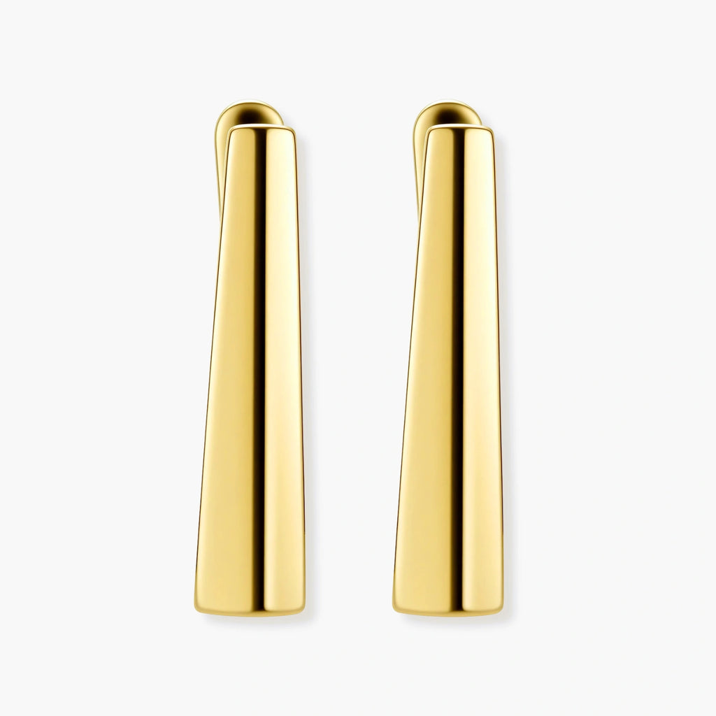 Sleek 14K gold-plated sterling silver huggie earrings with polished finish and geometric elongated design on white background.