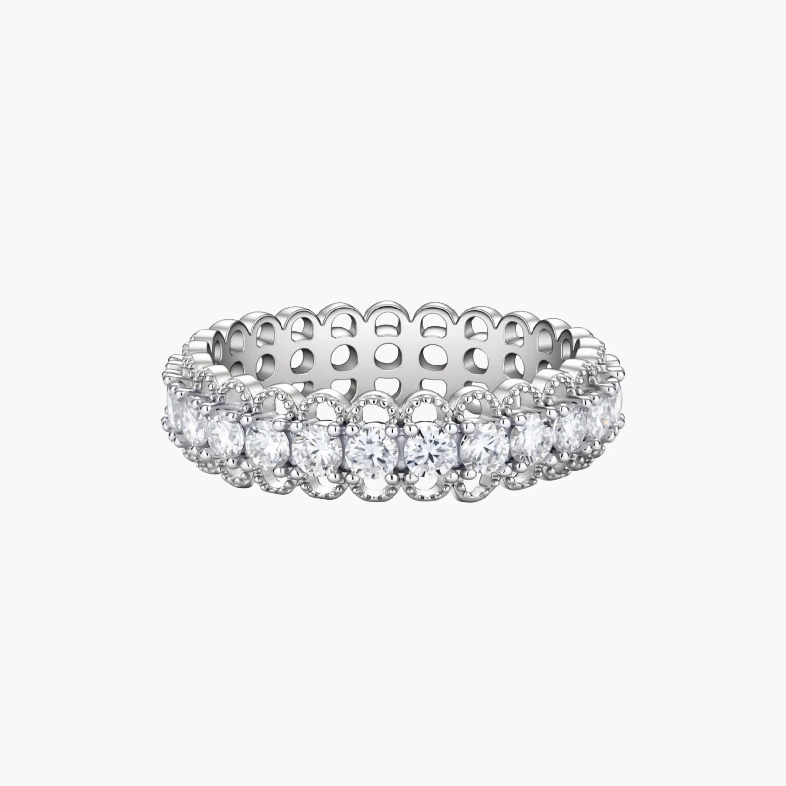 Sterling silver eternity ring with continuous row of brilliant moissanite stones in scalloped crown setting with milgrain detail