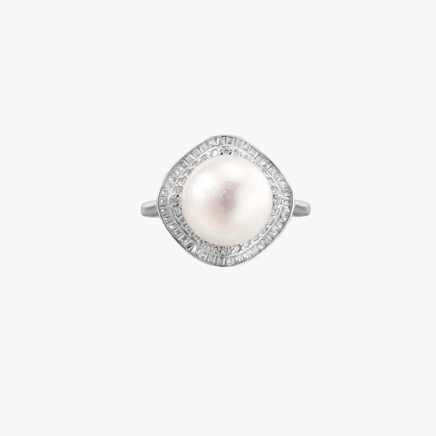 Rhodium-plated silver ring with round pearl center, double halo of baguette and round crystals forming cushion shape